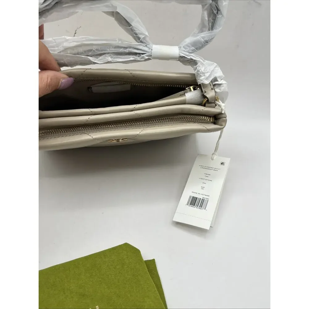 Tory Burch Small Kira Diamond Quilt Leather Shoulder Bag Light Stone Beige NWT